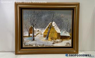 Ree Signed '78 Original 18x24" Framed Winter Farm Scene Canvas Board Painting