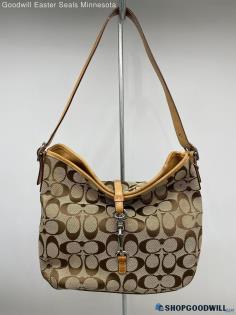 Coach Signature Hamptons Khaki Shoulder Bag Womens Jacquard Canvas Handbag/Purse