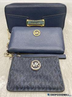 Lot of 3 Michael Kors Navy Blue Wallet Wristlet Pebbled Leather Handbag/Purse