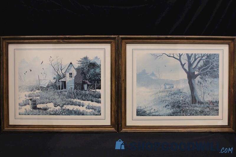 Framed Vtg x2 Oil Painting Prints Unsigned 'Abandoned Properties' by Gary Ampel 