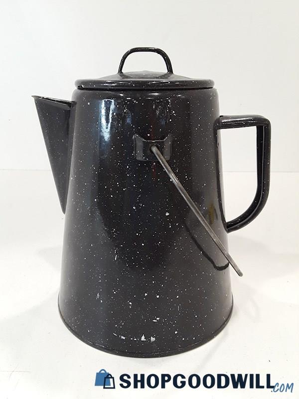 Vintage Enamelware Black & White Speckled Spatter Coffee Kettle Camping Pot