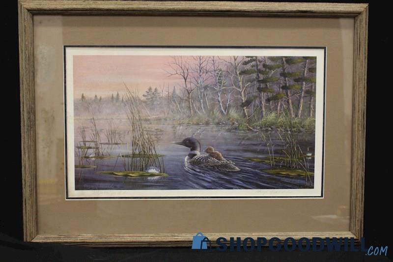 Framed Vintage Print 'Mother and Baby Loon' Signed by Floyd Hubbard 213/250