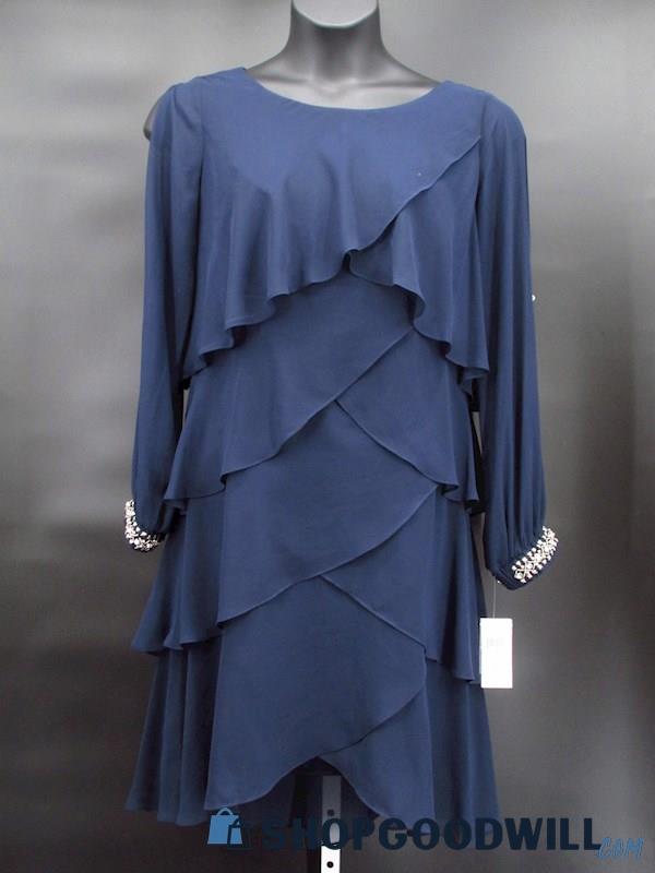 NWT SLNY Women's Navy Long Slit Sleeve Tiered Ruffle Dress Size 12