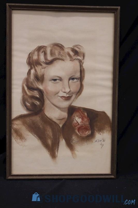 Framed Vintage Original Pastel Painting 'Female Portrait' Signed by Morton '47