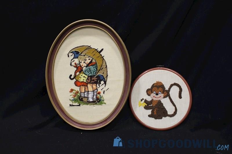 Framed Vintage Needlework Embroidery Cross Stitch 'Umbrella Kids' & 'Monkey' 