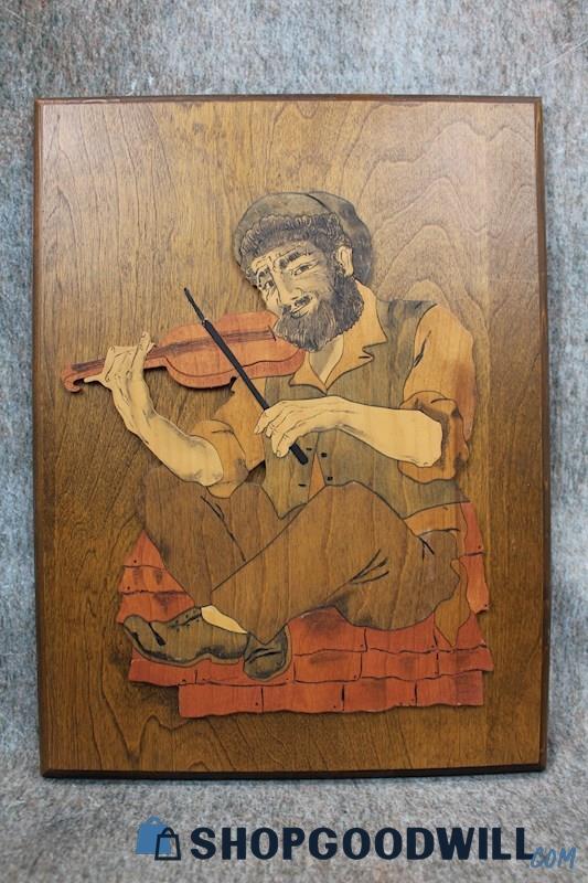 Smiling Man Playing Violin Fiddle Instrument Music Wood Art Unsigned Home Decor