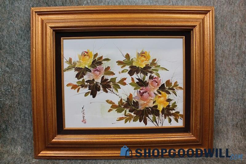 Framed VTG Pink & Yellow Roses Flower Still Life Nature Painting Sign Art Decor 