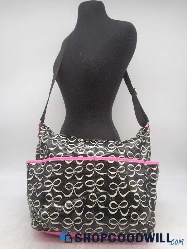 Kate Spade Black/White/Pink Bow Print Vinyl Large Diaper Bag Handbag Purse