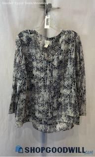 Chico's Women's Black/White Patterned V-Neck Long Sleeve Blouse - Sz 12