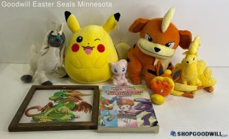 Lot Of Pokemon 'Pokedex & Guide' Book & Plushies Winking Pikachu + More