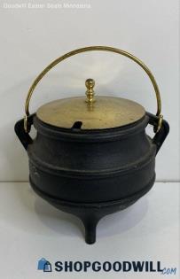 Vintage Cast Iron Smudge Pot Cauldron W/ Metal Brass Lid