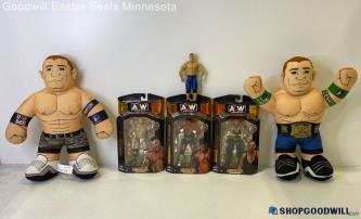 6pc Mixed AEW/WWE Wrestling 16" Plush/Action Figures Some NIB Vtg 2011-22