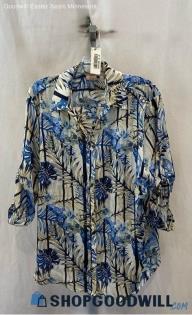 Chico's Women's Gray/Blue Tropical Print Button Up Shirt - Sz XL