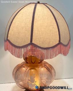 Hollywood Regency Clear Pink Floral Table Lamp Brass Footed Vintage With Shade