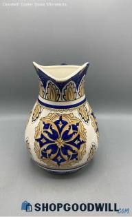 I. Godinger 10" Pitcher Cobalt Blue & Gold Mediterranean Style Hand Painted