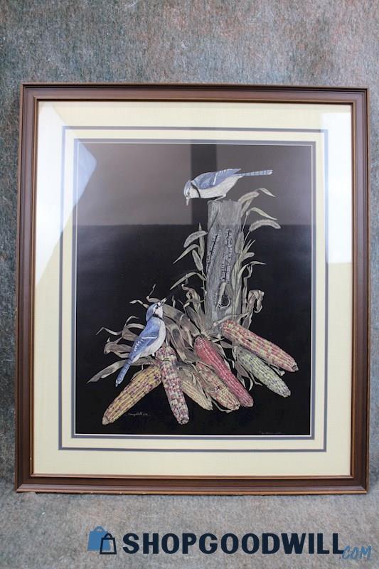 Framed VTG Blue Jay Bird & Maize Corn Print Signed Sharon Wald 24/580 Art Decor