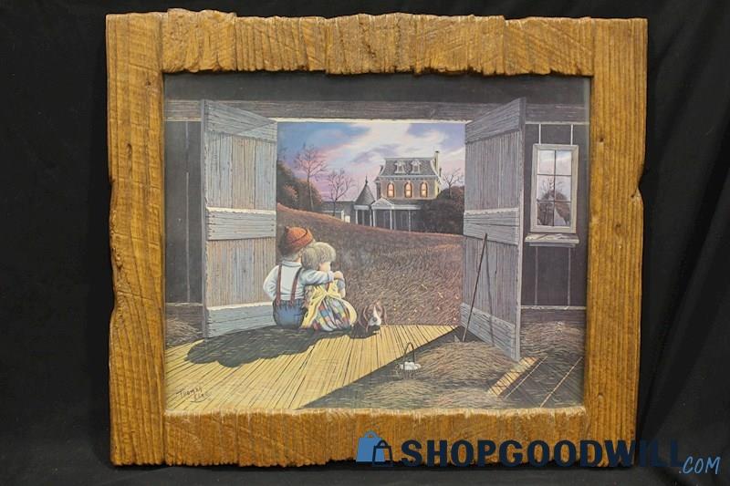 Framed Vintage Unsigned Print 'Boy & Girl in Barn' by Thomas Kerry; Farm Bonding