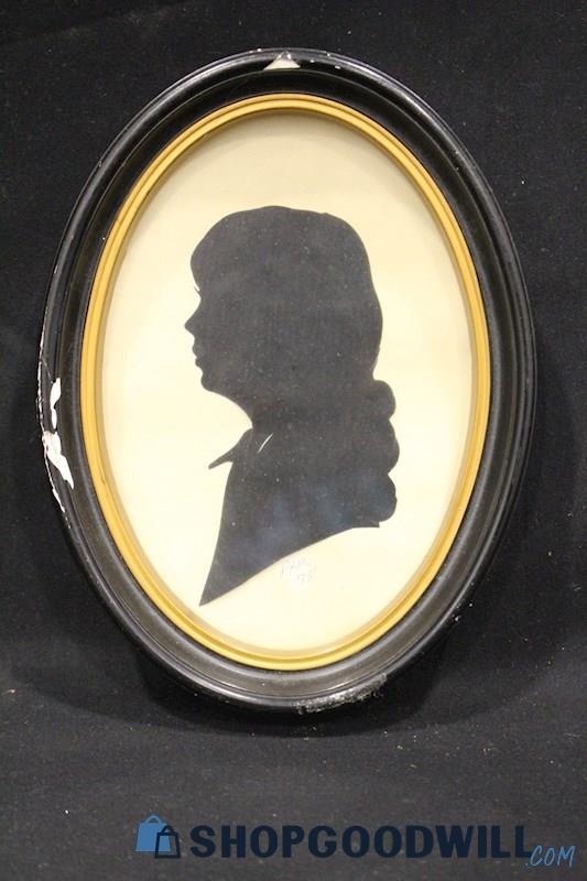 Framed Vintage Girl Profile Silhouette Signed by Pam 1975; Chipped Frame
