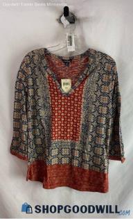 NWT Lucky Brand Women's Navy/Red Patterned V-Neck Shirt - Sz XXL