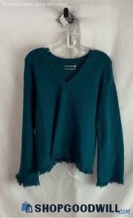 Anthropologie Women's Teal V-Neck Frayed Knit Hen Sweater - Sz S