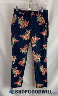 Zara Women's Navy/Pink Floral Slim Dress Pants - Sz 2