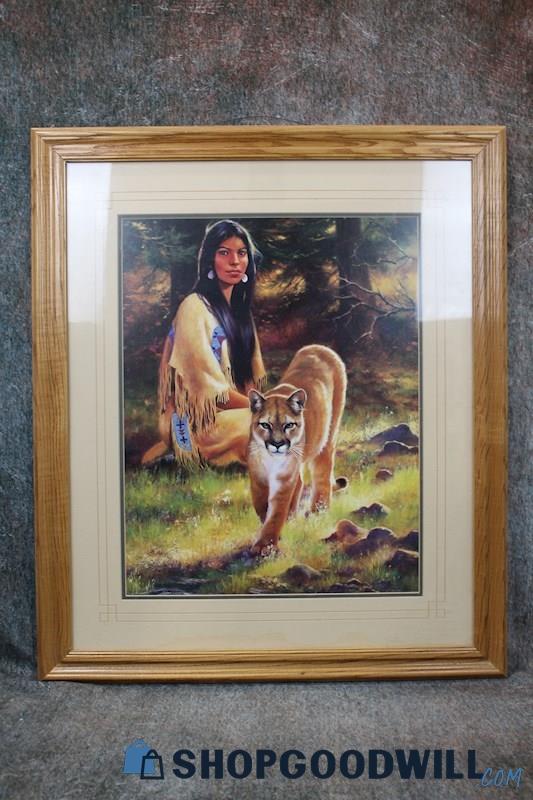 Framed Native American Woman Mountain Lion Cougar Print Sign Carole Coffman Art