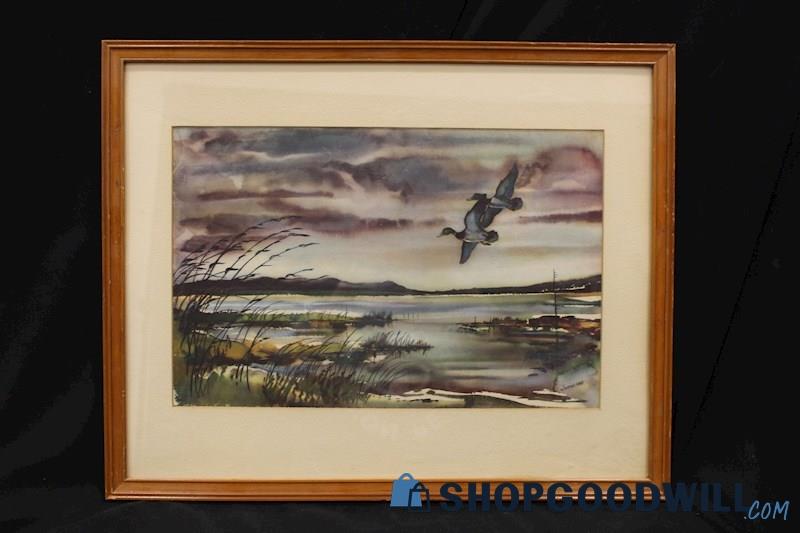 Framed Vtg Unsigned Watercolor Print 'Mallards on the Mississippi' -Byron Jorns 