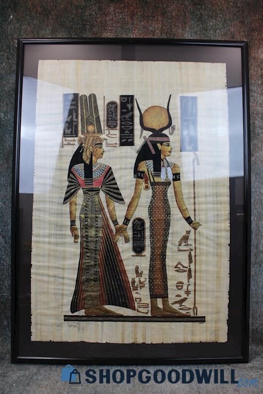 Framed Queen Nefertari & Goddess Egyptian Papayrus Painting Signed Art PICKUP