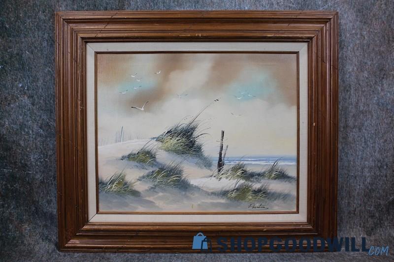 Framed Original Beach Sea Shore Seagulls Nature Painting Sign Preston Art Decor