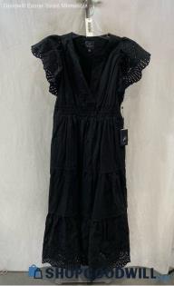 NWT Adrianna Papell Women's Black Poplin Pleated Ruffle Cap Sleeve Dress Sz S