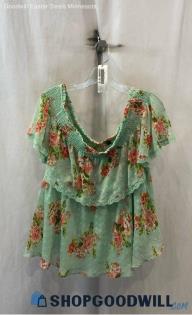 Torrid Women's Green Floral OTS Ruffle Blouse - Sz 1