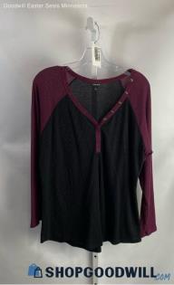 Torrid Women's Black/Maroon Trim Waffle Knit Long Sleeve Shirt - Sz 2