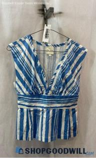 Anthropologie Women's Blue/White Striped V Neck Poplin Peplum Tank Top - Sz XS