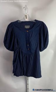 Anthropologie Women's Navy Blue 1/2 Button Textured Stripe Peplum Shirt - Sz S