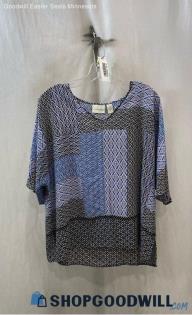 Chico's Women's Periwinkle/Black Geo Pattern V Neck Top - Sz L