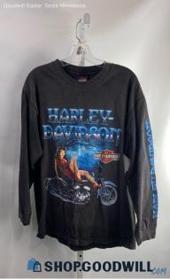 Harley Davidson Men's Black/Blue Logo Graphic Long Sleeve Shirt - Sz L