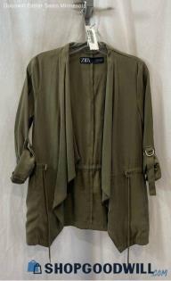 Zara Women's Army Green Twill Cuffed Sleeve Open Drape Lightweight Jacket - Sz S