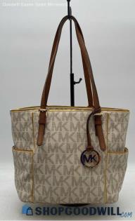 Michael Kors Jet Set Gold Outline Vanilla/Brown Coated Canvas Tote Bag Handbag