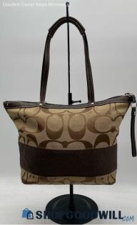 Coach Signature Stripe Khaki/Brown Canvas Tote Bag Handbag/Purse