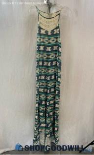 Lucky Brand Women's Green/Gray Geo Pattern Crochet Neckline Maxi Dress - Sz S