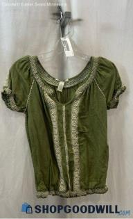 Lucky Brand Women's Olive/Ivory Embroidered Trim Slim Fit Top - Sz S