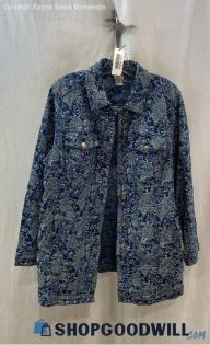 Chico's Women's Blue Floral Patterned Button Up Fashion Jacket - Sz L