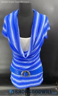 Deb Women's Blue Stripe Polyester SS shirt w/Belt - Sz L