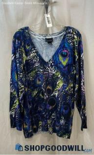 Lane Bryant Women's Blue/Green Patterned V Neck Long Sleeve Shirt - Sz 26/28