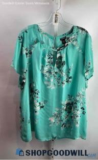 Torrid Women's Turquoise/Gray Floral Keyhole V Neck Top - Sz 3