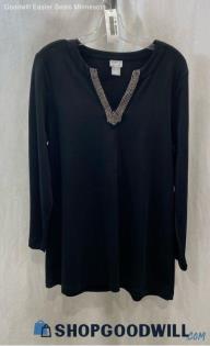 Chico's Women's Black/Silver Beaded V Neck Top - Sz L