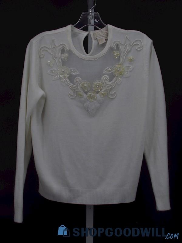 Vintage Maurada Women's Ivory Illusion Pearl Sequin Mesh Sweater Size M