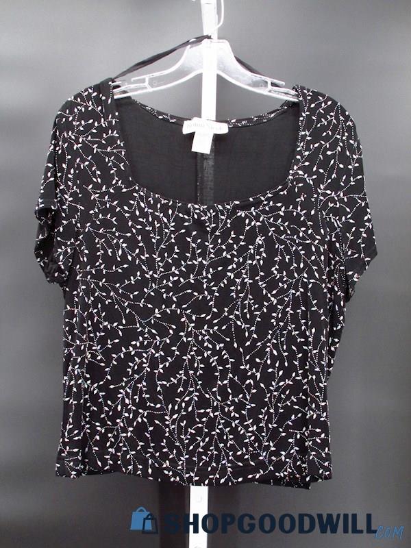 VTG Ronni Nicole Women's Black Holo Glitter Vine Patterned Cropped Shirt Size L