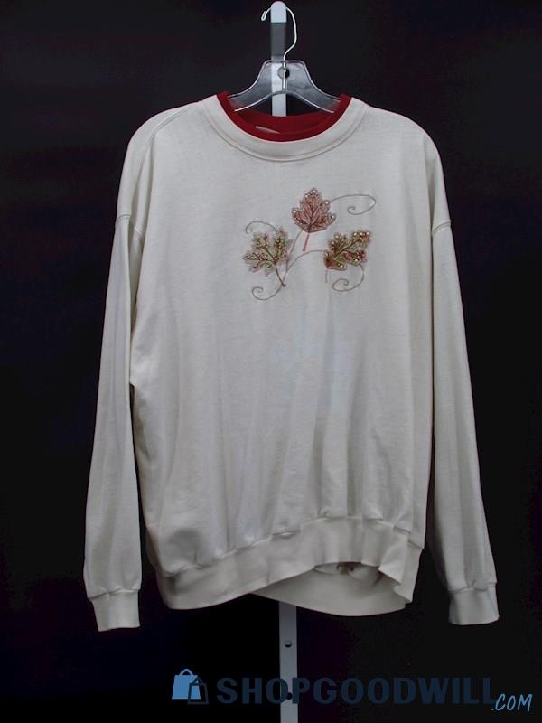 Vintage Top Stitch Women's Ivory/Red Bead Embroidered Leaf Sweatshirt Size 2X