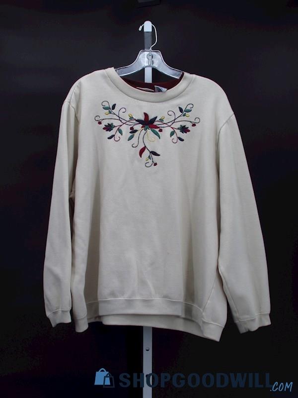 Vintage Blair Women's Cream Floral Embroidered Sweatshirt Size 2XL